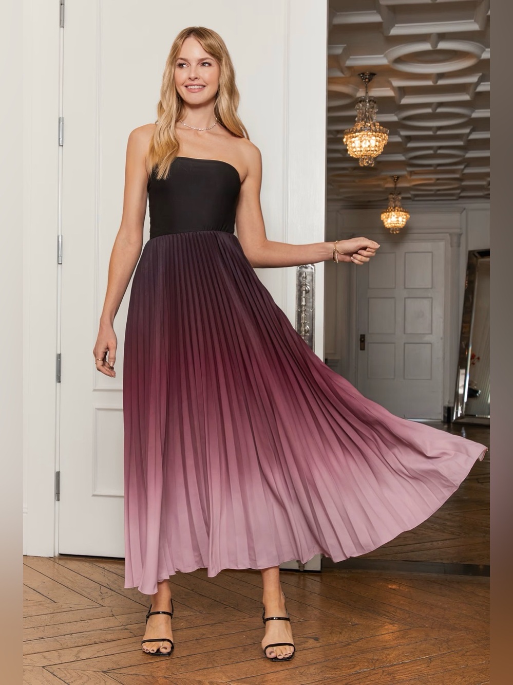Cupshe Red Ombre Strapless Pleated Maxi Dress